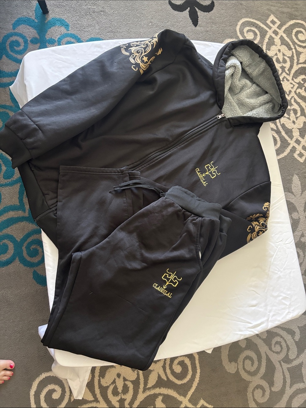Black Zip Hoodie & Jogger Set with Gold Embroidered Accents